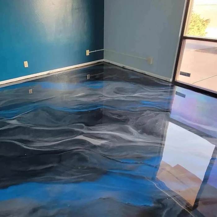 Blue and charcoal metallic epoxy floor